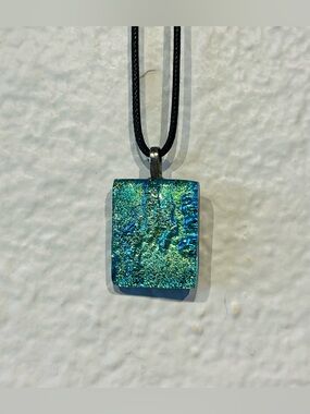 Dichroic Glass Rectangle Pendant Necklace in Shimmering Teal